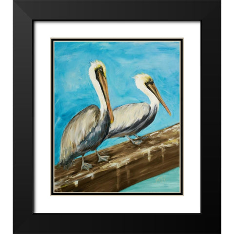 Two Pelicans on Dock Rail Black Modern Wood Framed Art Print with Double Matting by DeRice, Julie
