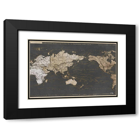 World Map in Gold and Gray Black Modern Wood Framed Art Print with Double Matting by Medley, Elizabeth