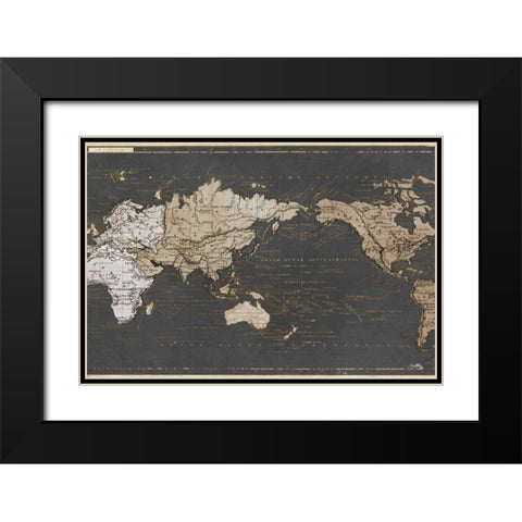 World Map in Gold and Gray Black Modern Wood Framed Art Print with Double Matting by Medley, Elizabeth