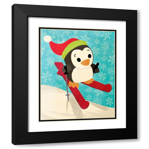 Skiing Penguin Black Modern Wood Framed Art Print with Double Matting by Josefina