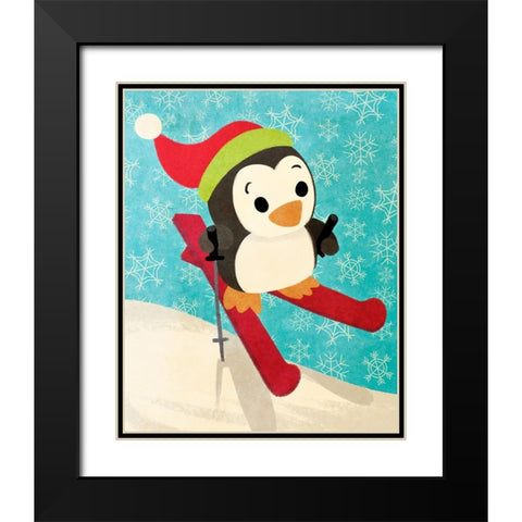 Skiing Penguin Black Modern Wood Framed Art Print with Double Matting by Josefina