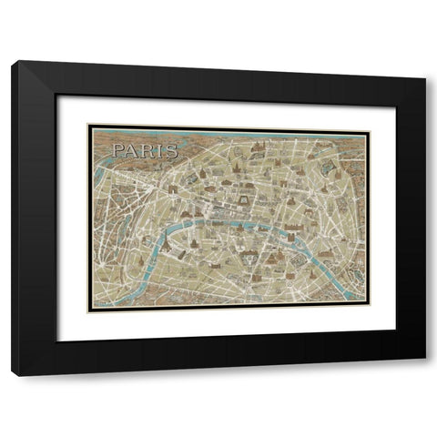 Monuments of Paris Map Blue Black Modern Wood Framed Art Print with Double Matting by Wild Apple Portfolio