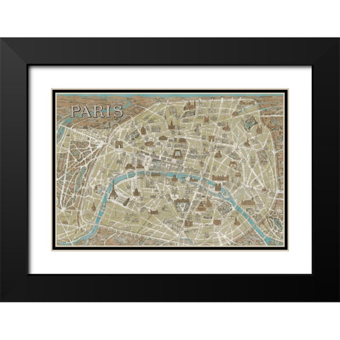 Monuments of Paris Map Blue Black Modern Wood Framed Art Print with Double Matting by Wild Apple Portfolio