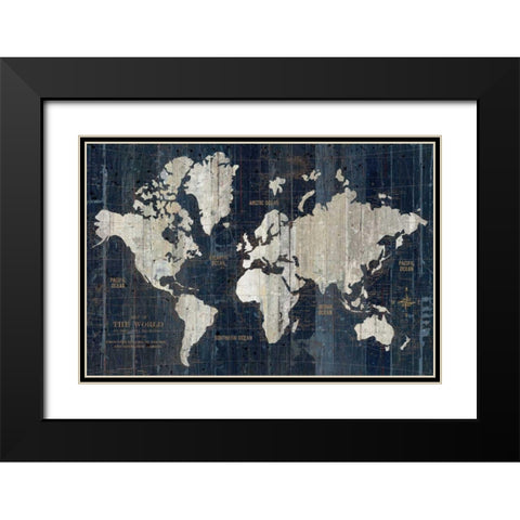 Old World Map Blue Black Modern Wood Framed Art Print with Double Matting by Wild Apple Portfolio
