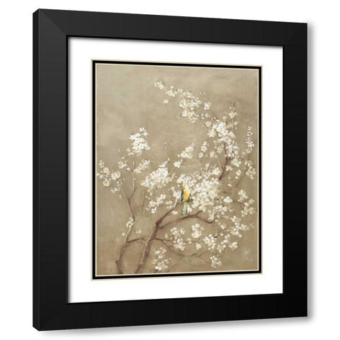 White Cherry Blossom I Neutral Crop Bird Black Modern Wood Framed Art Print with Double Matting by Nai, Danhui