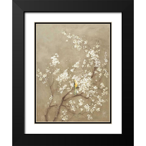 White Cherry Blossom I Neutral Crop Bird Black Modern Wood Framed Art Print with Double Matting by Nai, Danhui