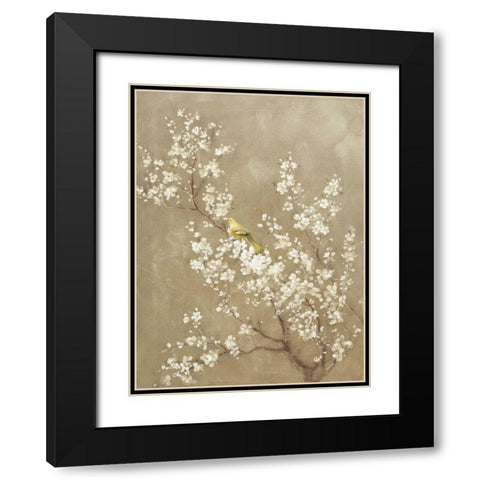 White Cherry Blossom II Neutral Crop Bird Black Modern Wood Framed Art Print with Double Matting by Nai, Danhui