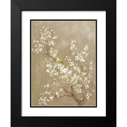 White Cherry Blossom II Neutral Crop Bird Black Modern Wood Framed Art Print with Double Matting by Nai, Danhui