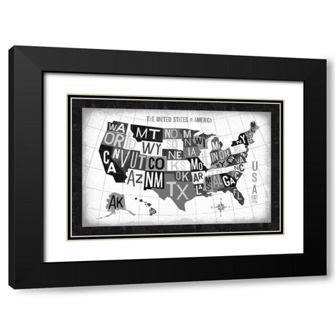 Letterpress USA Map Dark Black Modern Wood Framed Art Print with Double Matting by Mullan, Michael