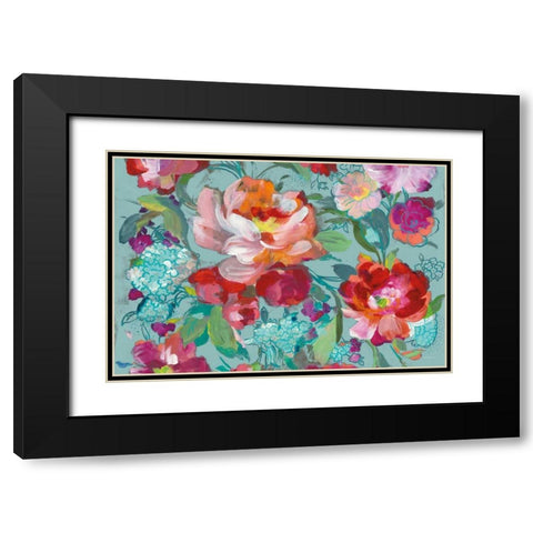 Bright Floral Medley Crop Turquoise Black Modern Wood Framed Art Print with Double Matting by Nai, Danhui