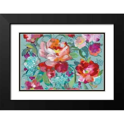 Bright Floral Medley Crop Turquoise Black Modern Wood Framed Art Print with Double Matting by Nai, Danhui