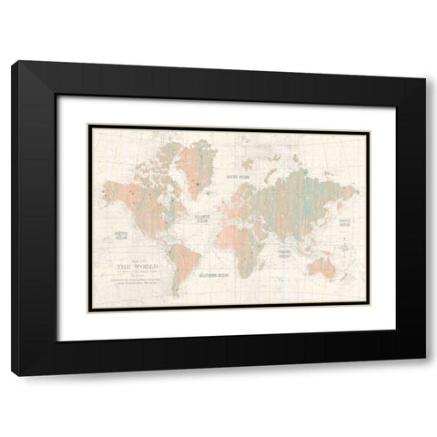 Old World Map Blush and Mint Black Modern Wood Framed Art Print with Double Matting by Wild Apple Portfolio