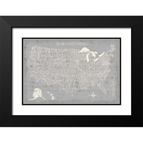 Hand Lettered USA Map Gray Black Modern Wood Framed Art Print with Double Matting by Mullan, Michael