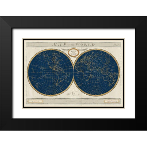 Torkingtons World Map Indigo Globes Black Modern Wood Framed Art Print with Double Matting by Schlabach, Sue