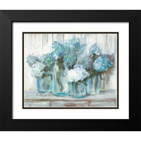 Hydrangeas in Glass Jars Blue Black Modern Wood Framed Art Print with Double Matting by Rowan, Carol