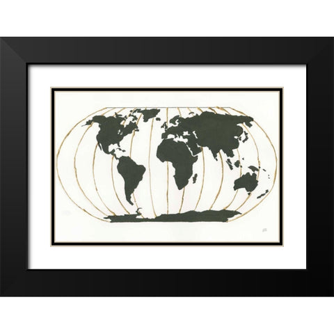 World Map Gold Lines Black Modern Wood Framed Art Print with Double Matting by Paschke, Chris