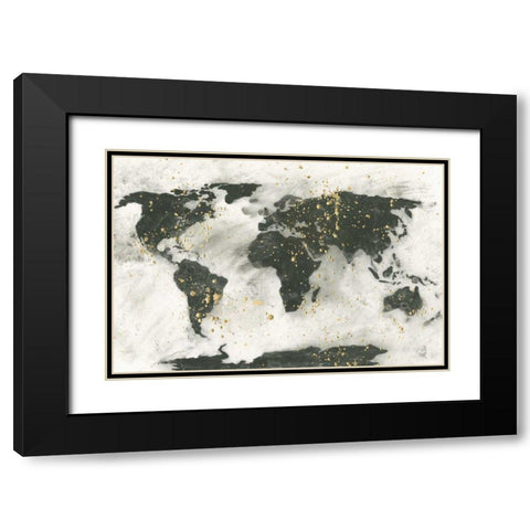 World Map Gold Speckle Black Modern Wood Framed Art Print with Double Matting by Paschke, Chris