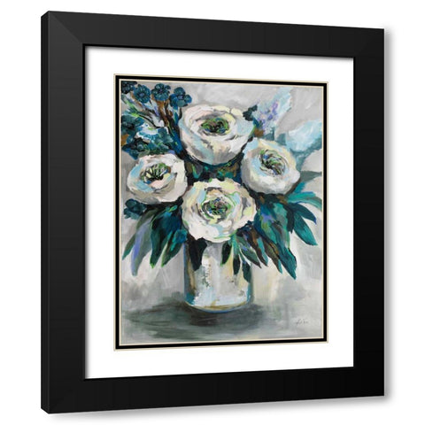 White Roses Bouquet Black Modern Wood Framed Art Print with Double Matting by Vertentes, Jeanette