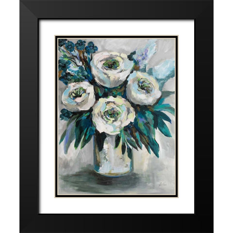 White Roses Bouquet Black Modern Wood Framed Art Print with Double Matting by Vertentes, Jeanette