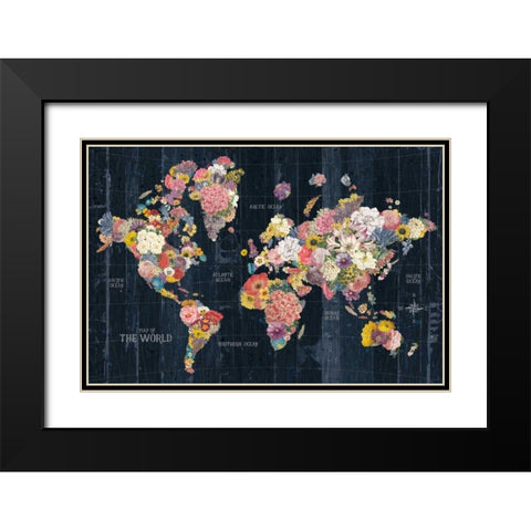 Botanical Floral Map Words Black Modern Wood Framed Art Print with Double Matting by Wild Apple Portfolio