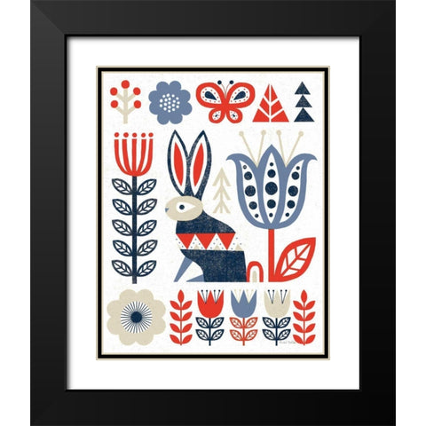 Folk Lodge Rabbit Red Navy Black Modern Wood Framed Art Print with Double Matting by Mullan, Michael