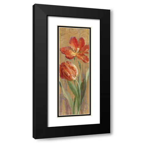 Parrot Tulips on Gold II Black Modern Wood Framed Art Print with Double Matting by Nai, Danhui