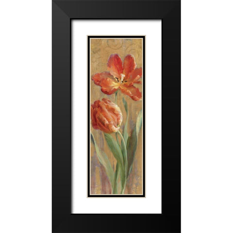 Parrot Tulips on Gold II Black Modern Wood Framed Art Print with Double Matting by Nai, Danhui