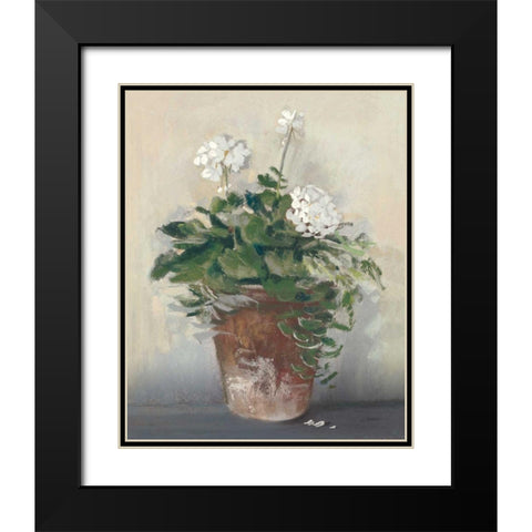 Pot of White Geraniums Black Modern Wood Framed Art Print with Double Matting by Rowan, Carol