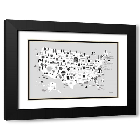 Fun USA Map BW Black Modern Wood Framed Art Print with Double Matting by Kelle, Ann