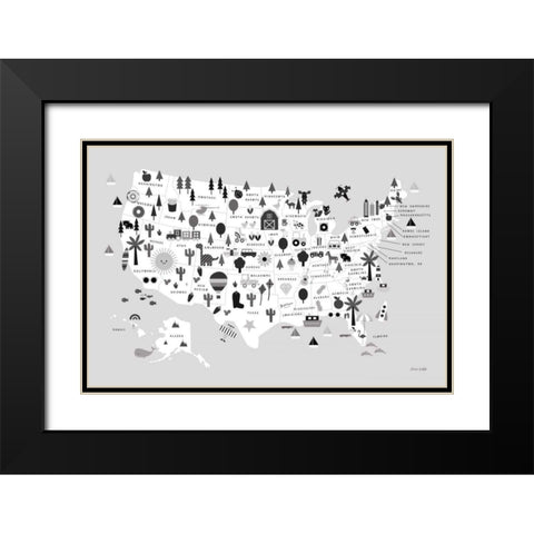 Fun USA Map BW Black Modern Wood Framed Art Print with Double Matting by Kelle, Ann