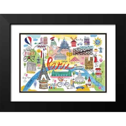 Paris Map Black Modern Wood Framed Art Print with Double Matting by Zaman, Farida