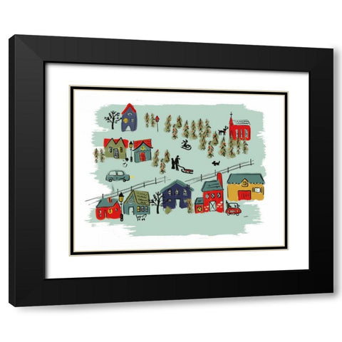 Winter Village I Green Black Modern Wood Framed Art Print with Double Matting by York, Leah