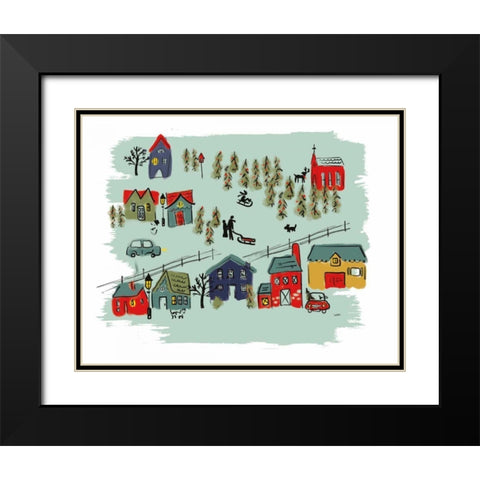 Winter Village I Green Black Modern Wood Framed Art Print with Double Matting by York, Leah