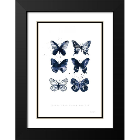 Six Inky Butterflies Blue Black Modern Wood Framed Art Print with Double Matting by Charro, Mercedes Lopez