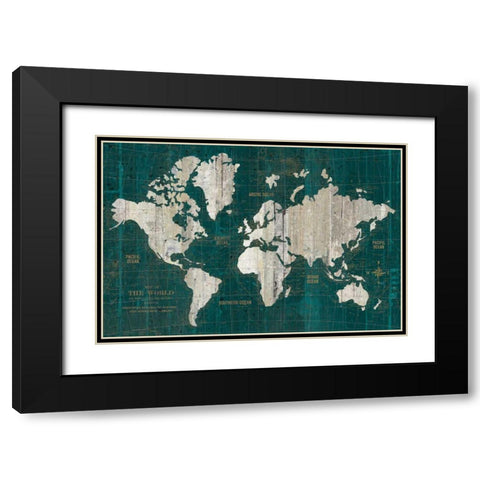 Old World Map Teal Black Modern Wood Framed Art Print with Double Matting by Wild Apple Portfolio