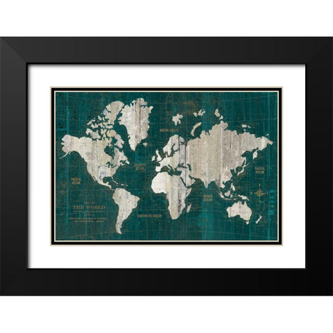 Old World Map Teal Black Modern Wood Framed Art Print with Double Matting by Wild Apple Portfolio