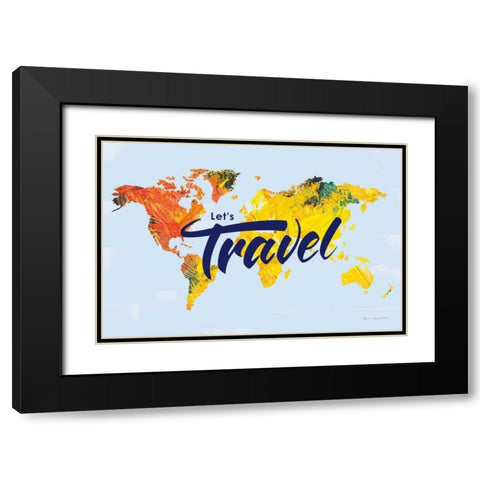 Lets Travel World Map Black Modern Wood Framed Art Print with Double Matting by Escalante, Omar