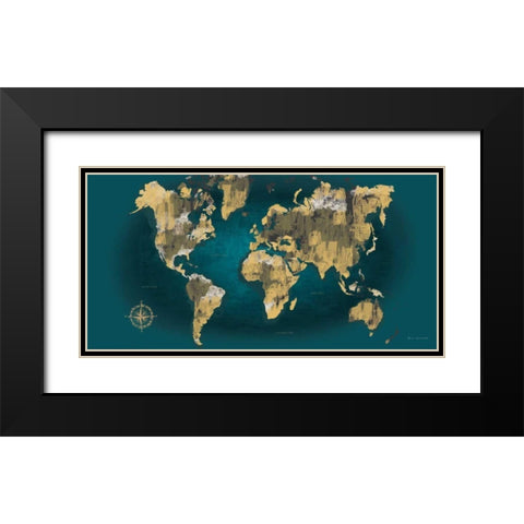 Sketched World Map Blue Crop Black Modern Wood Framed Art Print with Double Matting by Escalante, Omar