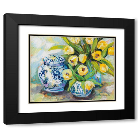 Tulips Chinoiserie Black Modern Wood Framed Art Print with Double Matting by Vertentes, Jeanette