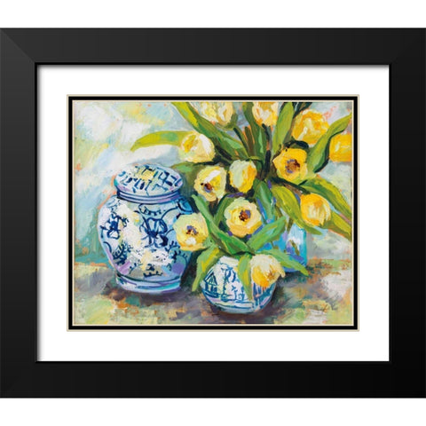 Tulips Chinoiserie Black Modern Wood Framed Art Print with Double Matting by Vertentes, Jeanette