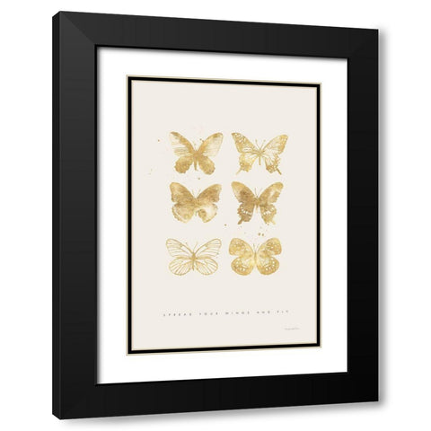 Six Gold Butterflies Black Modern Wood Framed Art Print with Double Matting by Charro, Mercedes Lopez