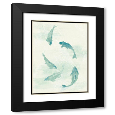 Celadon Koi I Black Modern Wood Framed Art Print with Double Matting by Nai, Danhui