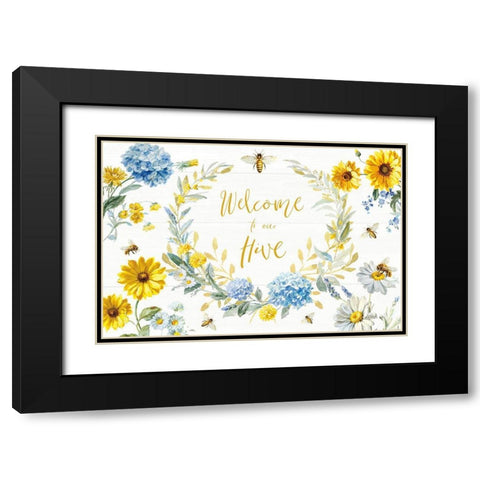 Bees and Blooms Flowers I Black Modern Wood Framed Art Print with Double Matting by Nai, Danhui