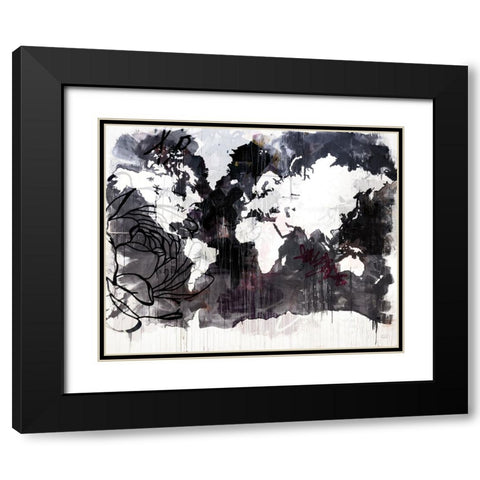Floral Graffiti World Map Black Modern Wood Framed Art Print with Double Matting by Youngstrom, Kent