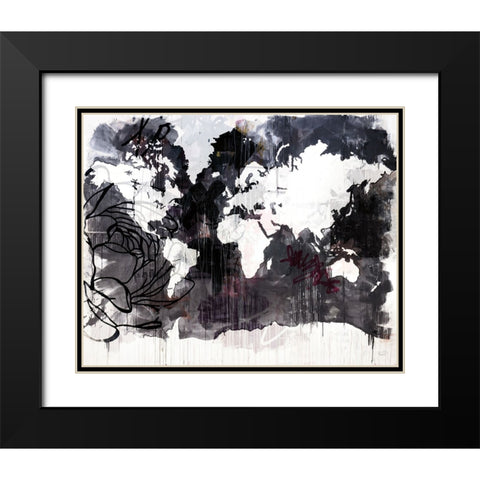 Floral Graffiti World Map Black Modern Wood Framed Art Print with Double Matting by Youngstrom, Kent