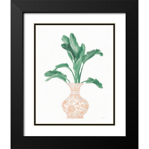 Palm Chinoiserie I Pink Green v2 Black Modern Wood Framed Art Print with Double Matting by Nai, Danhui