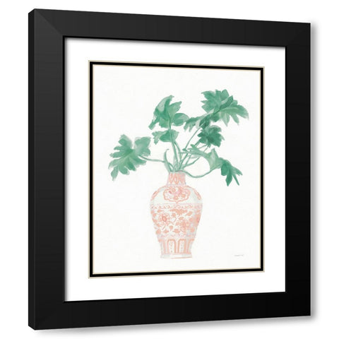 Palm Chinoiserie III Pink Green v2 Black Modern Wood Framed Art Print with Double Matting by Nai, Danhui