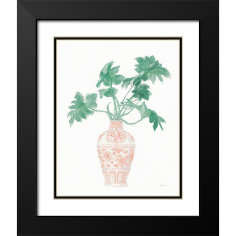 Palm Chinoiserie III Pink Green v2 Black Modern Wood Framed Art Print with Double Matting by Nai, Danhui