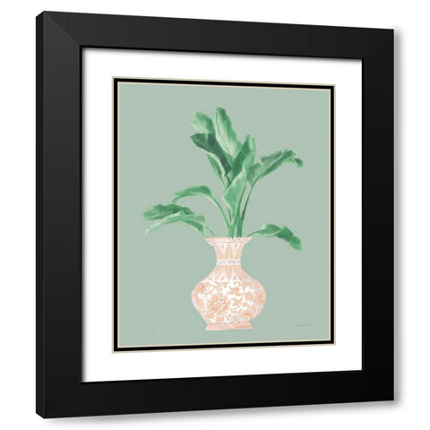 Palm Chinoiserie I Pink Green v2 Black Modern Wood Framed Art Print with Double Matting by Nai, Danhui