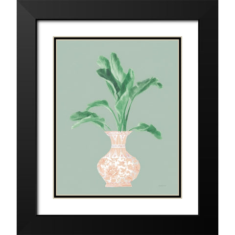 Palm Chinoiserie I Pink Green v2 Black Modern Wood Framed Art Print with Double Matting by Nai, Danhui